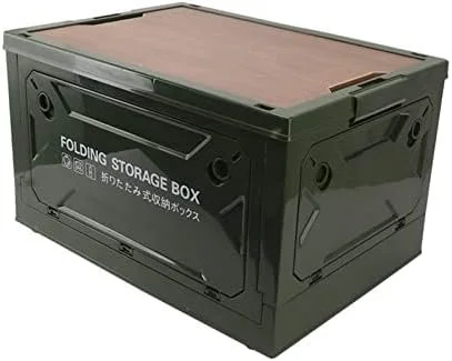 Een opvouwbare opbergdoos met de tekst 'Folding Storage Box' en enkele pictogrammen op de voorkant.