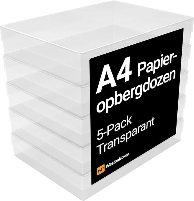Vijf transparante A4 papieropbergdozen gestapeld op elkaar met een zwart label met witte tekst.