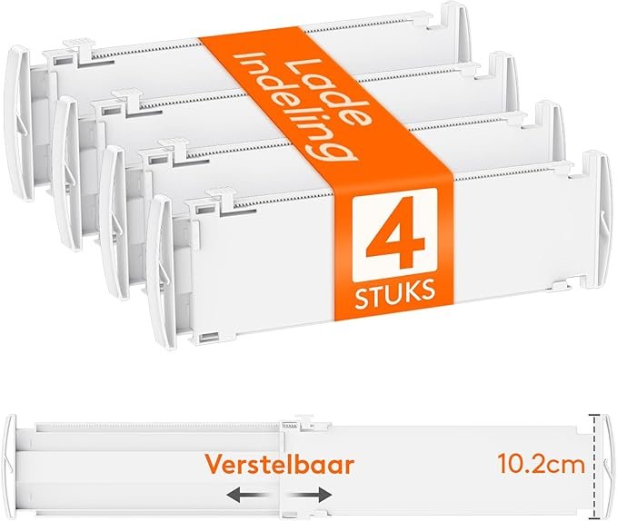 Set van vier witte, verstelbare elektrische inbouwdozen met oranje label dat '4 stuks' en 'verstelbaar 10.2 cm' aangeeft.