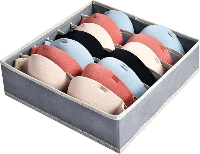 Een doos met zes verschillende kleuren beha's, netjes gerangschikt.
