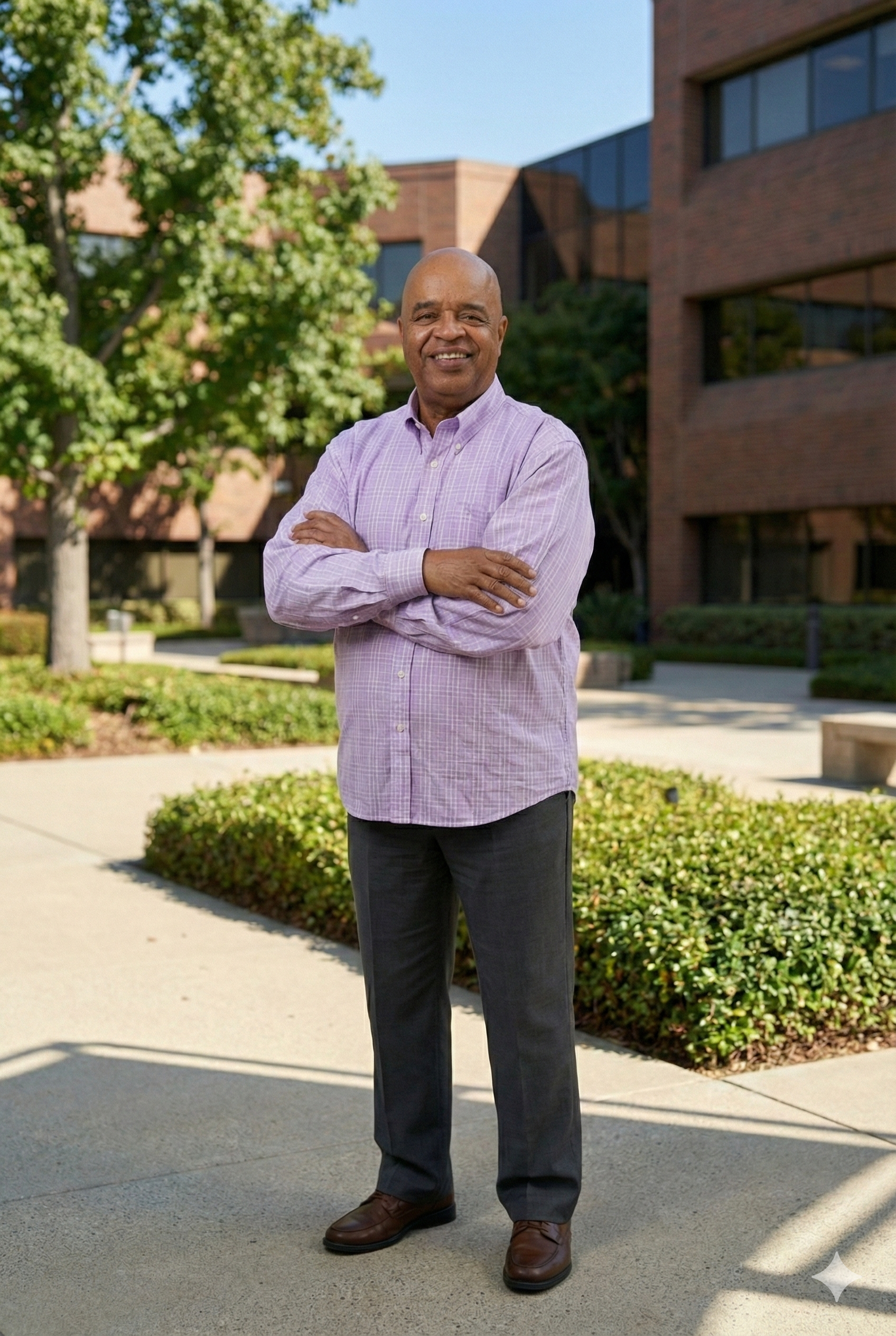 A smiling man with a bald head, wearing a light purple checkered shirt and dark pants, standing outdoors in front of a modern brick building with glass windows, trees, and landscaped bushes.