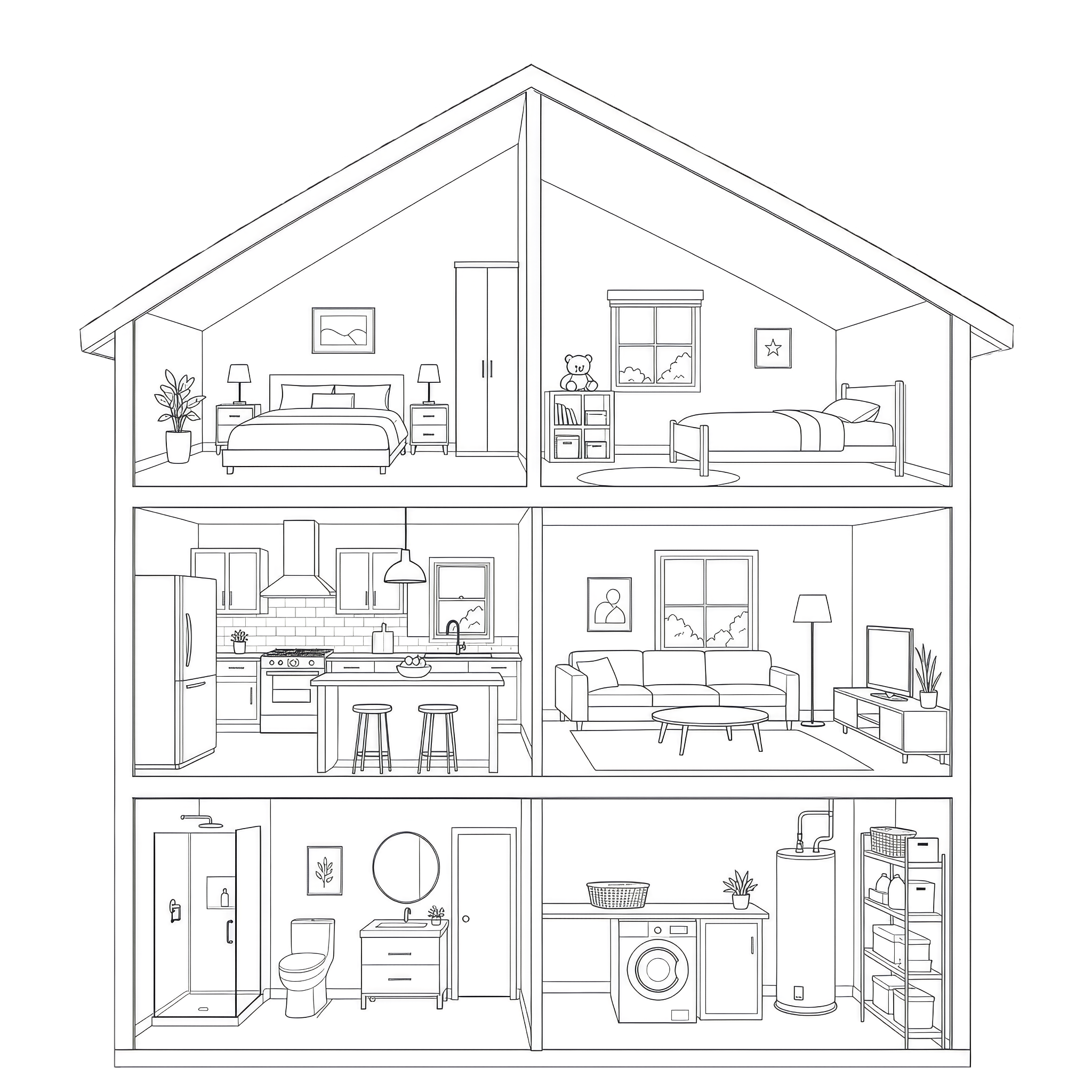Doorsnede van het huis met alle kamers