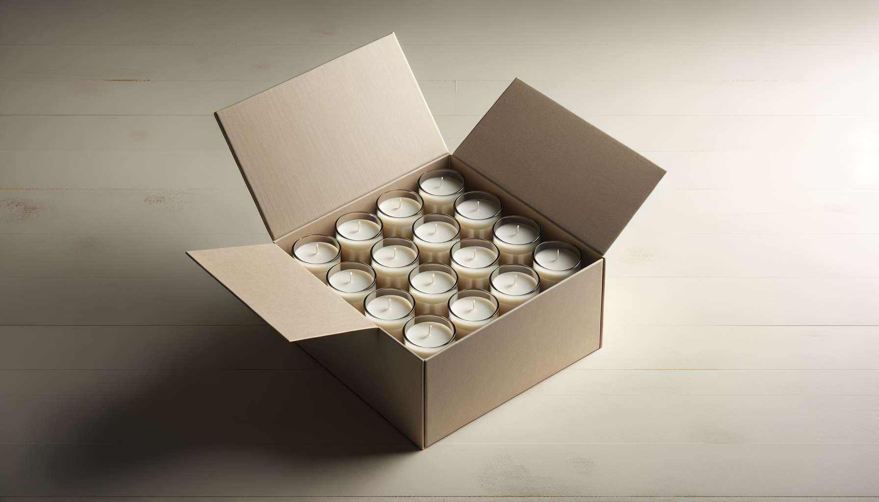A cardboard box containing 16 white candles in glass holders arranged in four rows of four on a wooden surface.