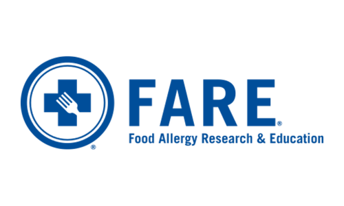 Logo for FARE Food Allergy Research & Education, featuring a blue circular design with a medical cross and a hand, next to the text 'FARE' and 'Food Allergy Research & Education'.