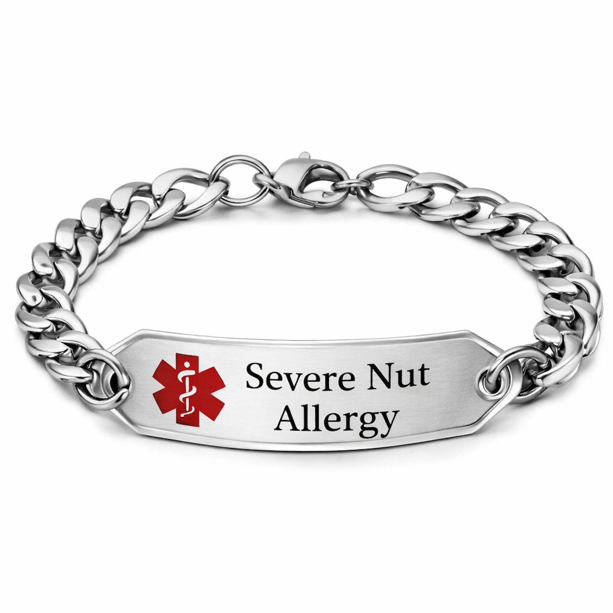 Silver bracelet with a plate engraved with 'Severe Nut Allergy' and a red medical symbol.