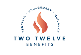 Logo for Two Twelve Benefits, featuring a stylized flame symbol, with the words 'Benefits,' 'Engagement,' and 'Guidance' circling around.