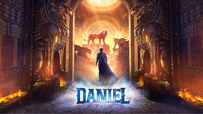 A person dressed as Daniel standing before a golden altar with three lions. The scene is inside a large, ornate temple with lion statues on either side and flames at the base. A bright circular light shines above.