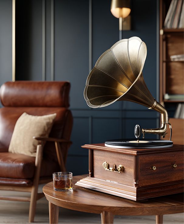 Vintage gramophone with a brass horn on a wooden table, beside a glass of whiskey and a leather armchair in a cozy living room.