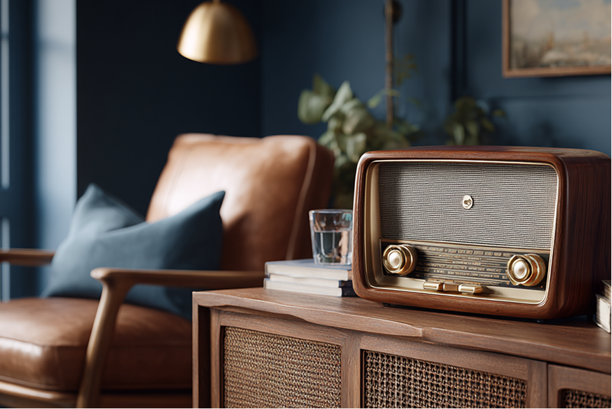 vintage radio on a wooden console