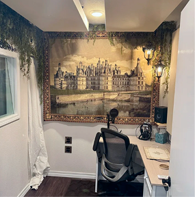 bear studio control booth with tapestry hanging on wall