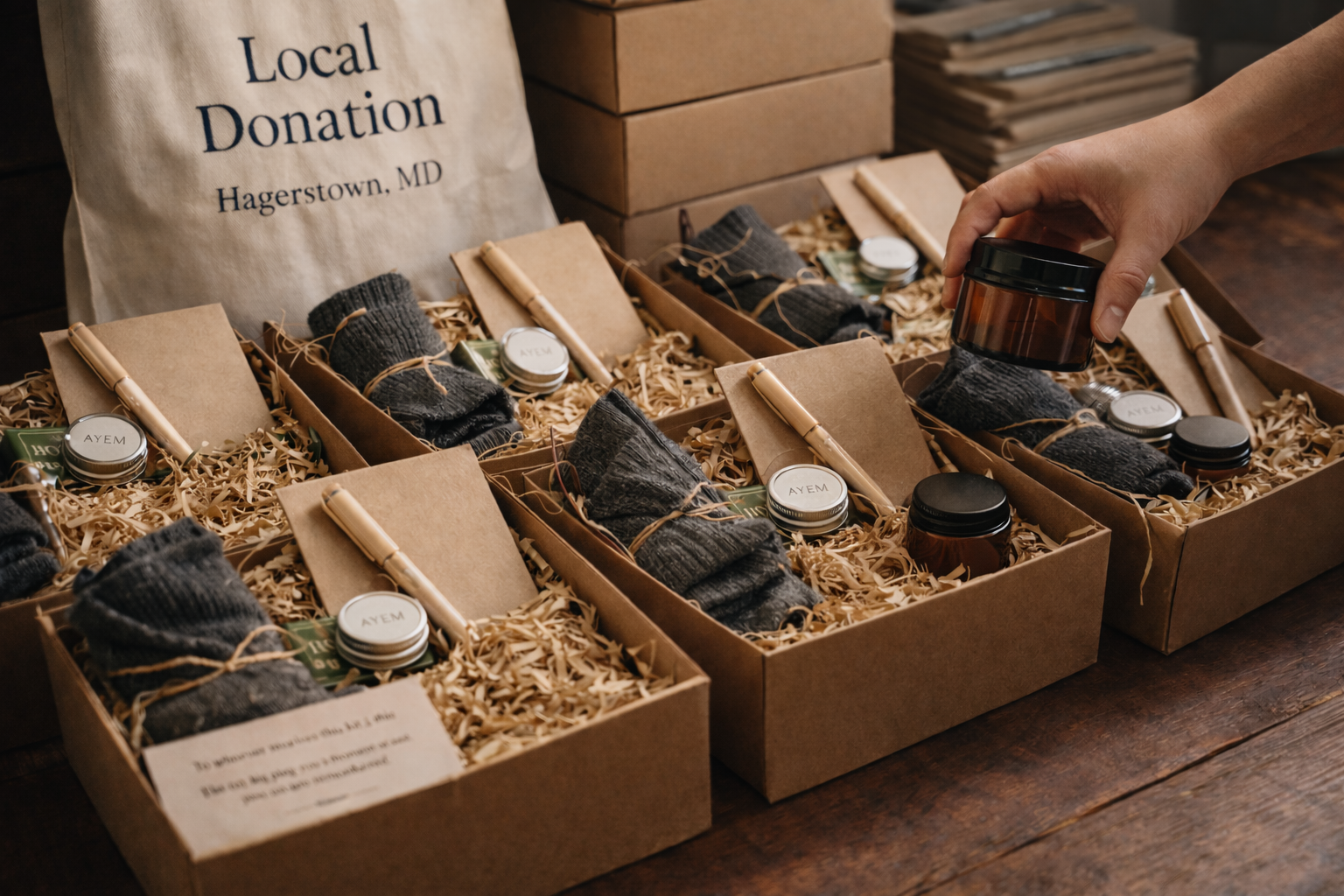 Boxes of sock gift sets with small jars, candles, notepads, and pens, arranged on a wooden table, with a shopping bag labeled 'Local Donation Hagerstown, MD' in the background.