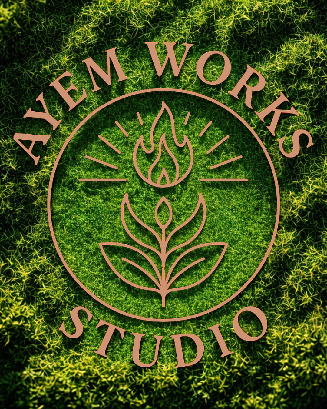 Logo of Alkem Wors Studio with a flame and leaf illustration inside a circle, over a background of green moss.
