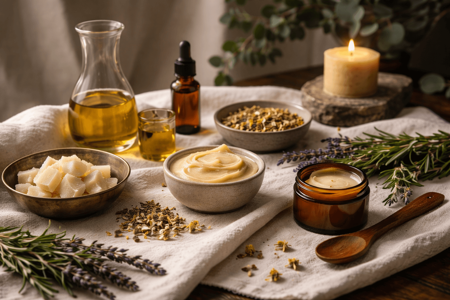 Arrangement of natural skincare ingredients including shea butter, essential oils, dried herbs, and floral accents on a white cloth with a lit candle.