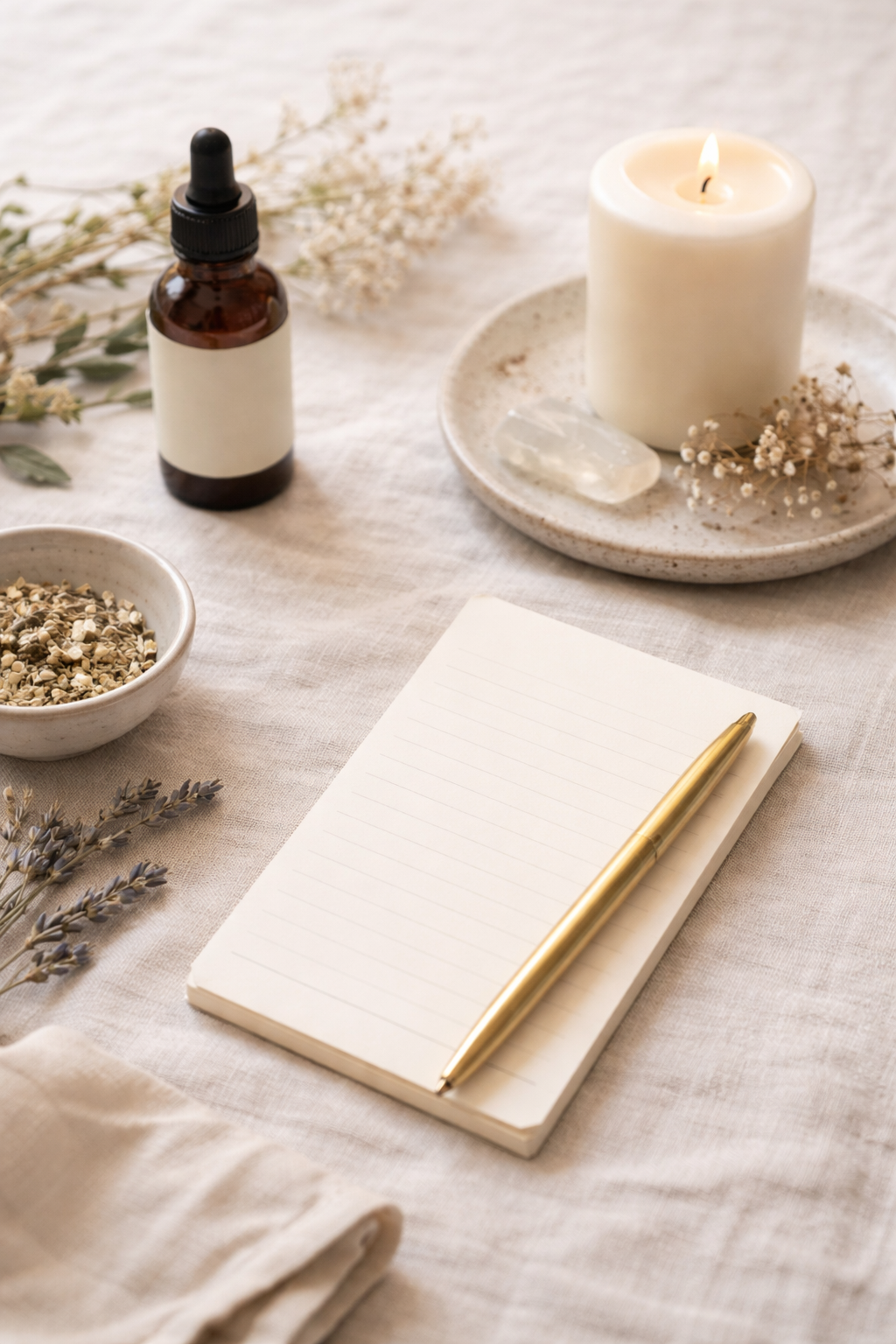 A white candle with a flame, a small crystal, and dried flowers on a ceramic plate next to a notepad with a gold pen on a light-colored tablecloth.