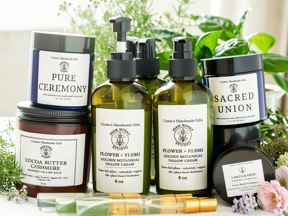 Several products on display from AYEM Works Studio, such as small candles, lotion, perfumes, and tallow balm with natural background. Flowers and plants around them.