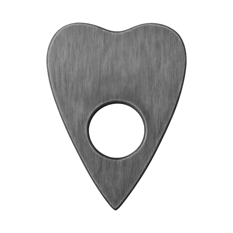 A metal guitar pick with a heart shape and a circular hole in the center.