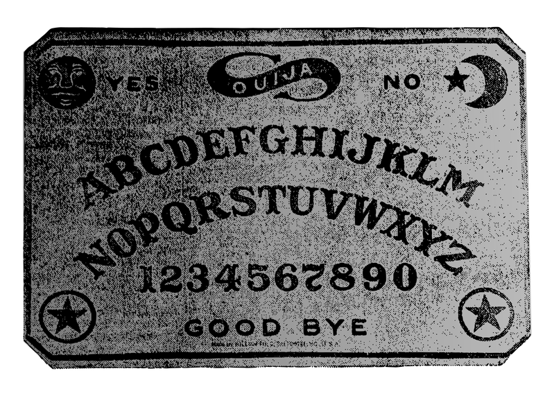 Ouija board with alphabet, numbers, YES, NO, Good Bye, and decorative symbols.