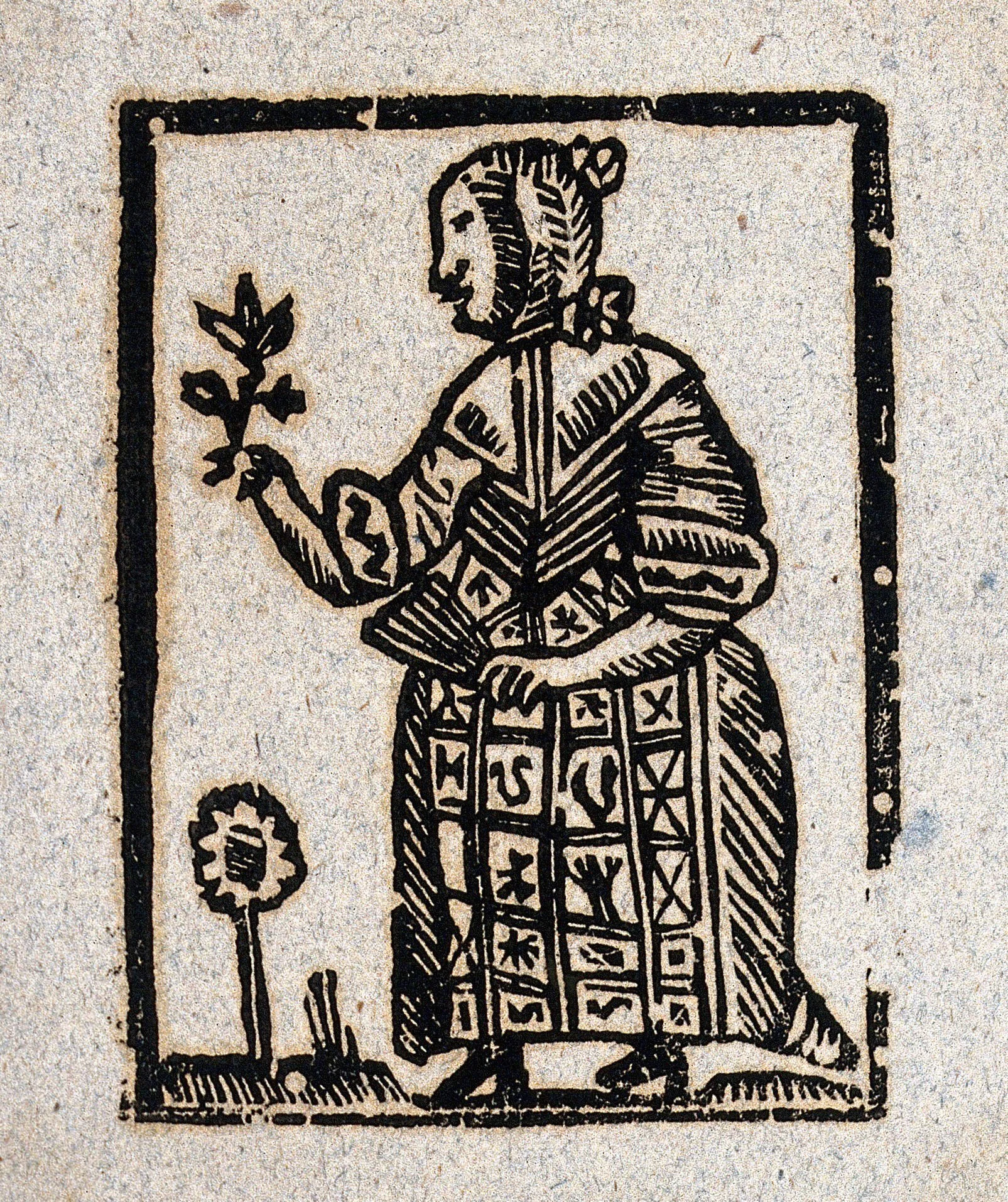 Black and white drawing of a woman holding a flower, dressed in traditional clothing with symbols on her skirt, standing next to a small flower.