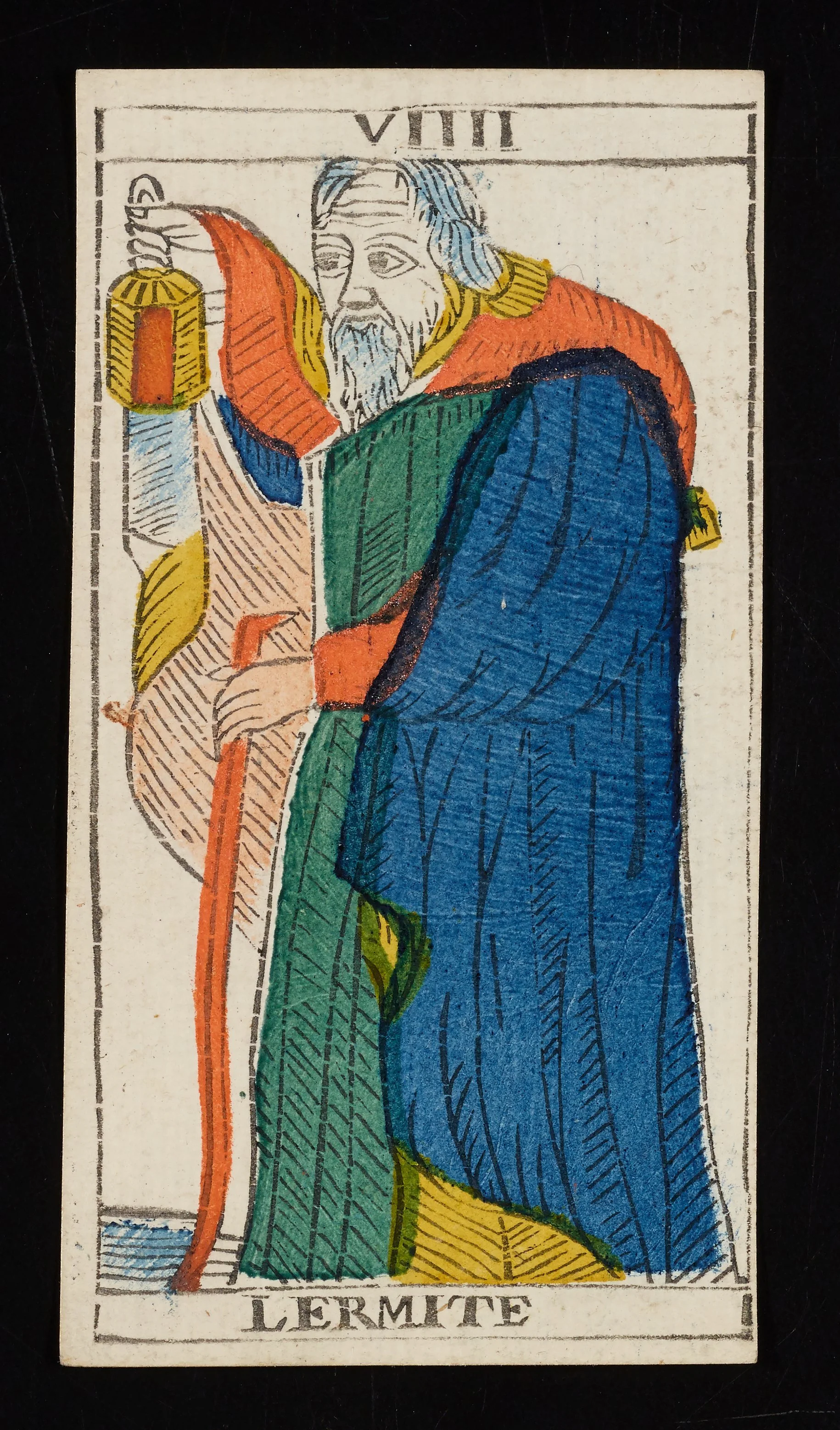 A colorful illustration of the biblical figure Hermes, also known as Mercury, wearing a blue robe, holding a lantern, with the Roman numeral VIII at the top and the name 'Hermite' at the bottom.
