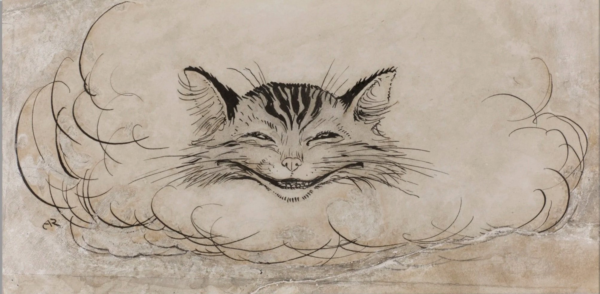 Sketch of a smiling cat's face surrounded by wispy clouds.