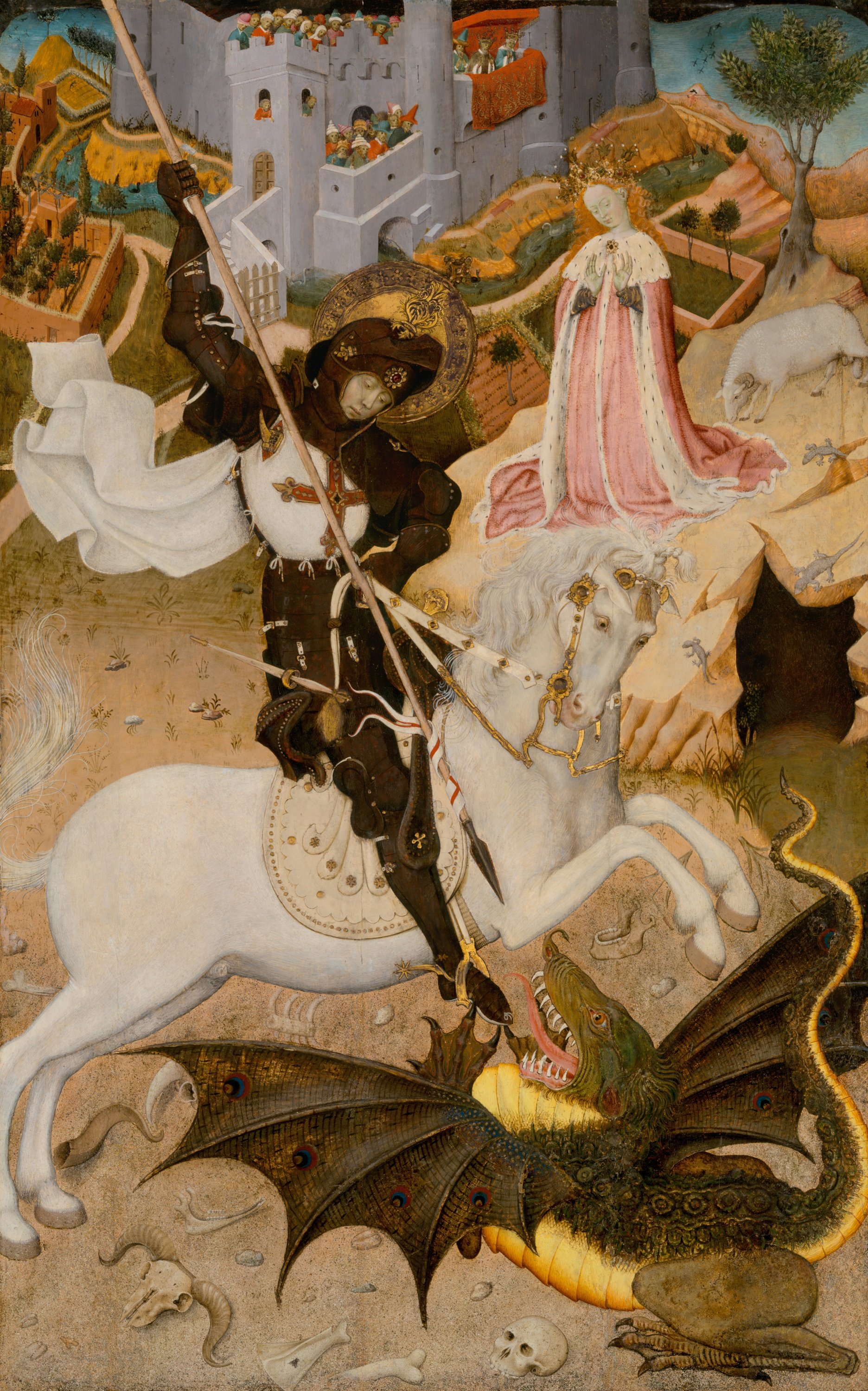 A religious painting depicting Saint George slaying a dragon. Saint George is dressed in armor and riding a white horse, spearing the dragon beneath the horse. The background features a castle, a landscape with trees, and a kneeling woman in a pink gown with a white cape, possibly the Virgin Mary. The ground is scattered with bones and skulls.