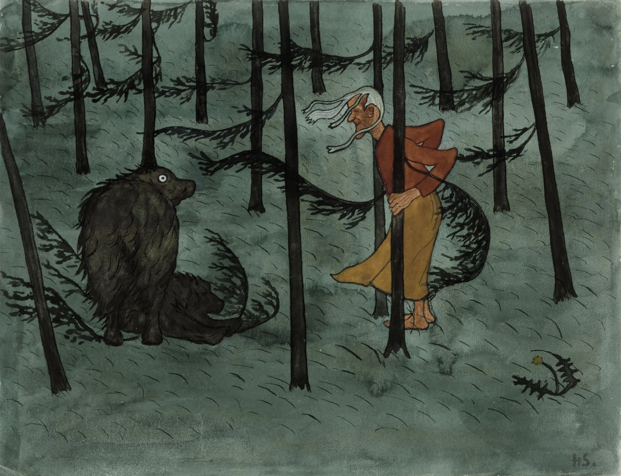 A whimsical painting of a witch with long white hair and a fish tail, standing in a dark forest, facing a large dog with a fluffy dark mane. The witch holds a stick and appears to be talking to the dog, which is sitting on the ground. The forest has tall, thin trees and a muted green background.