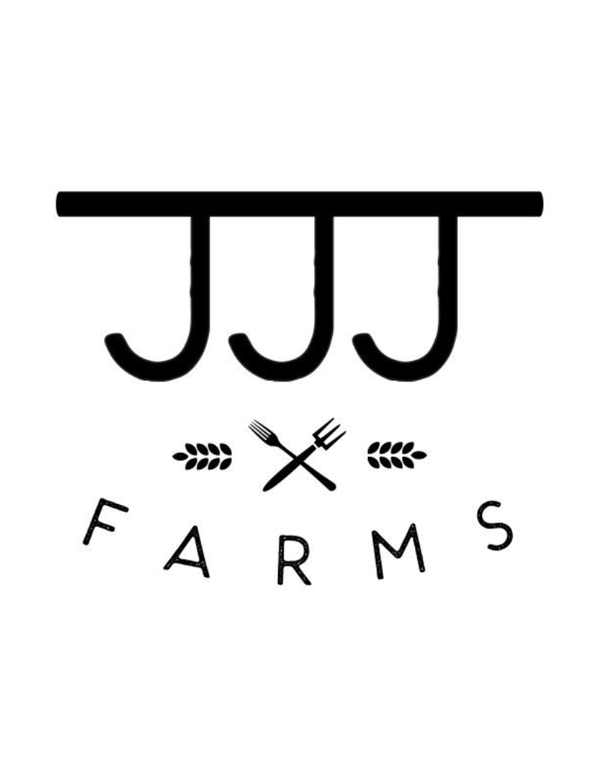 A stylized logo with triple black J's, the word 'Farms' written below with crossed fork and pitchfork in the center, and decorative wheat stalks on either side.
