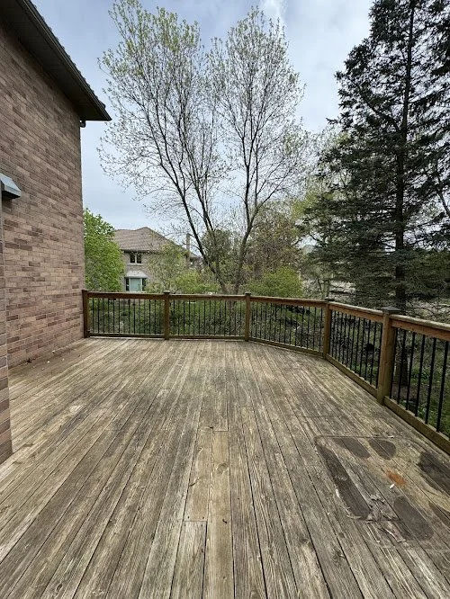 Pressure treated deck refinishing in the GTA featuring new board installation, washing, sanding and staining using oil based stain and sealer