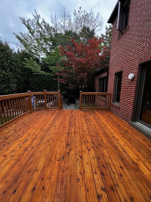 Residential pressure treated deck maintenance in Toronto including washing, light sanding, and sealing