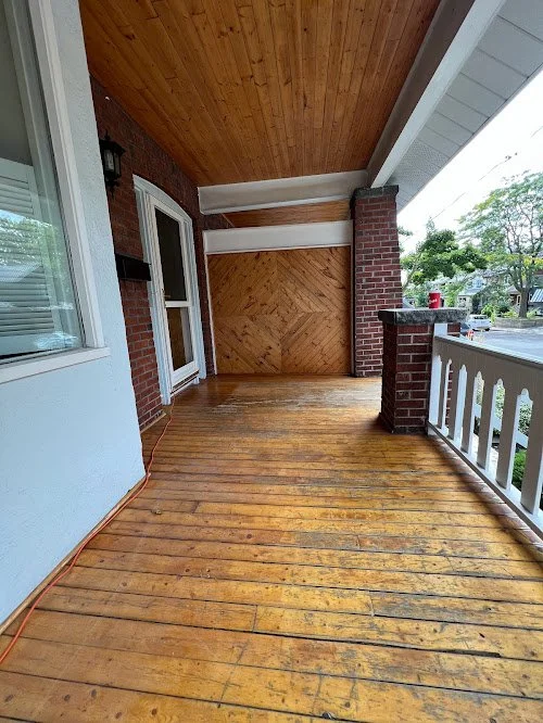 Cedar front porch maintenance in Toronto removing mildew through professional cleaning, sanding and staining