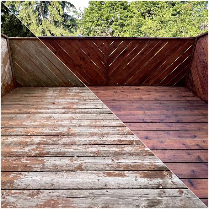 Residential porch wood refinishing including sanding, repairs, and premium stain finish