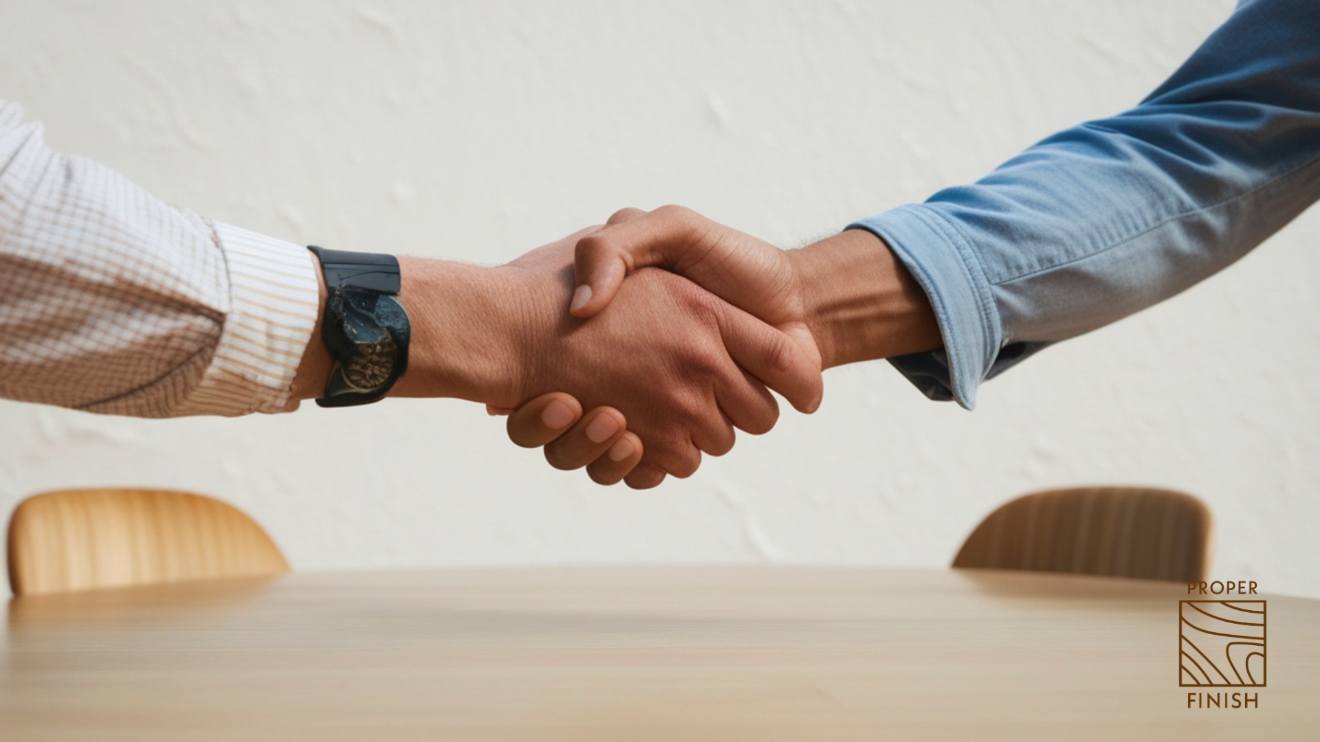 Two people shaking hands over a table in a professional setting.