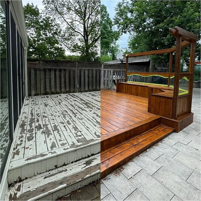 Close-up of deck sanding process during professional wood refinishing service