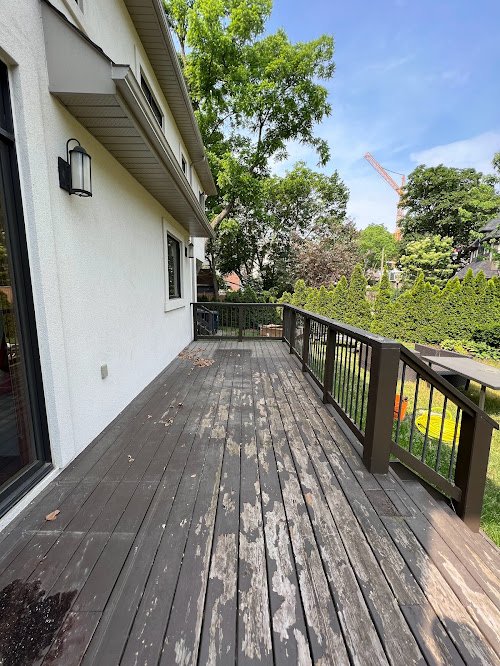 Cedar deck refinishing project in the GTA showing professional cleaning, sanding, and stain application