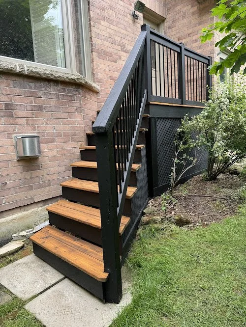 Cedar steps and deck refinishing in East York restoring faded wood through sanding and staining using oil stain