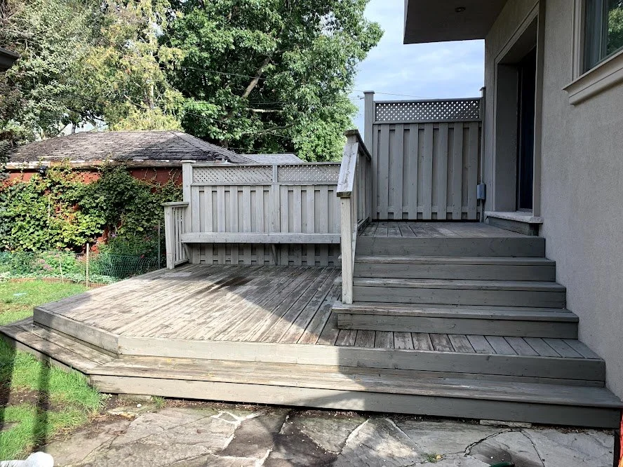 Pressure treated backyard deck maintenance in downtown toronto including softwashing, cleaning, and resealing using premium oil stain