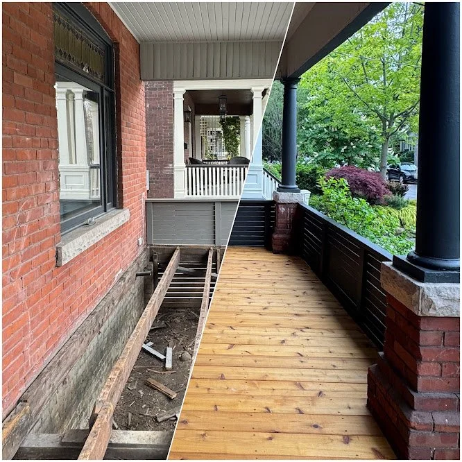Residential wood repair and refinishing correcting cracked and weathered deck boards