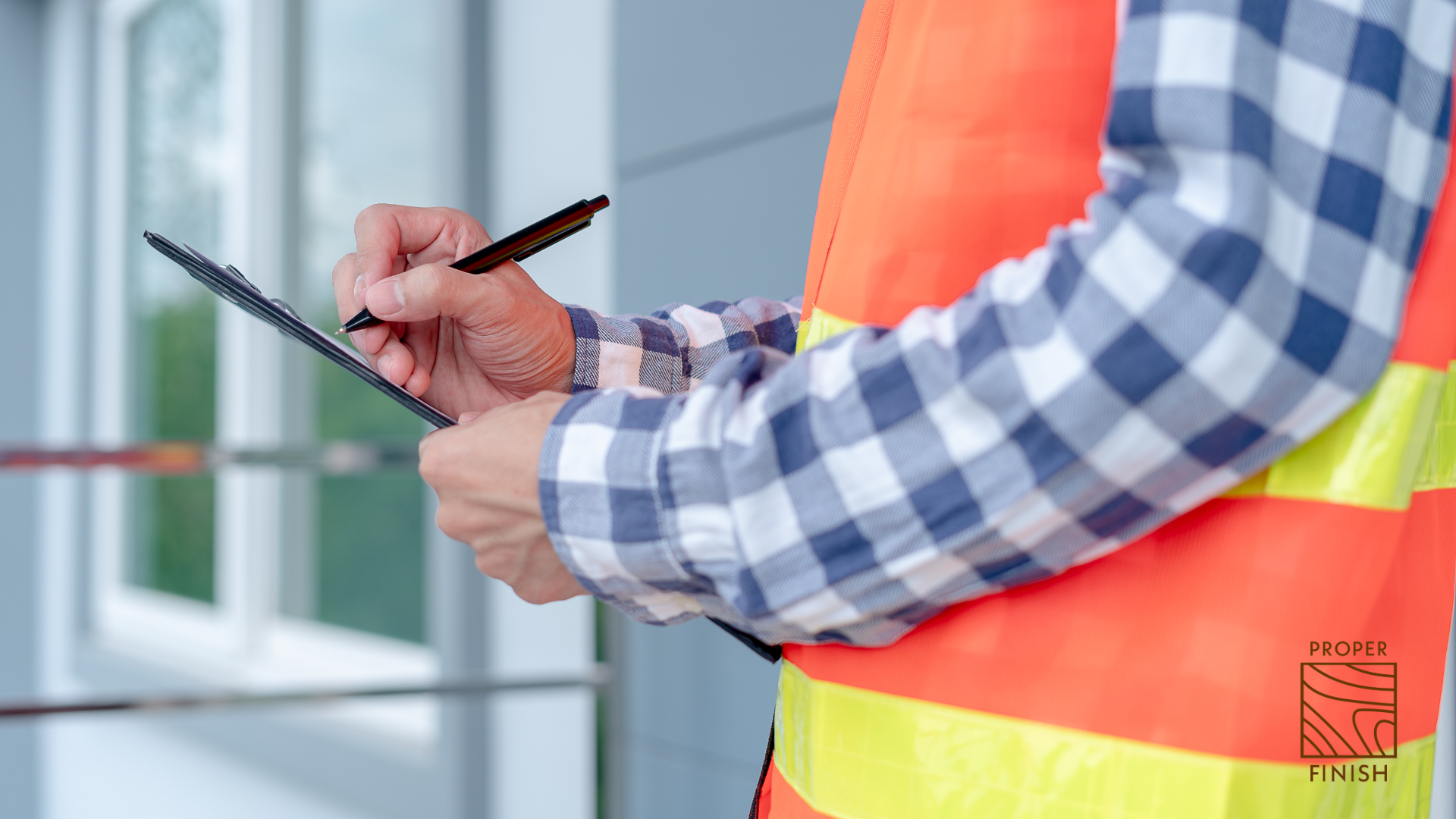 A person wearing an orange safety vest and a plaid shirt, writing on a clipboard with a pen inside a building with large windows.