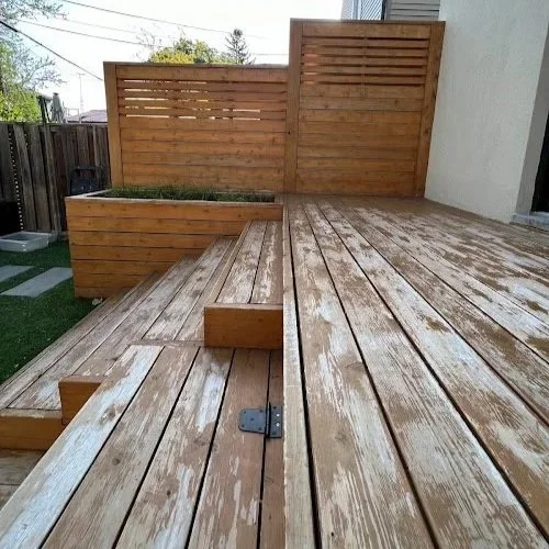 Cedar porch refinishing in the GTA featuring sanding, staining, and sealing