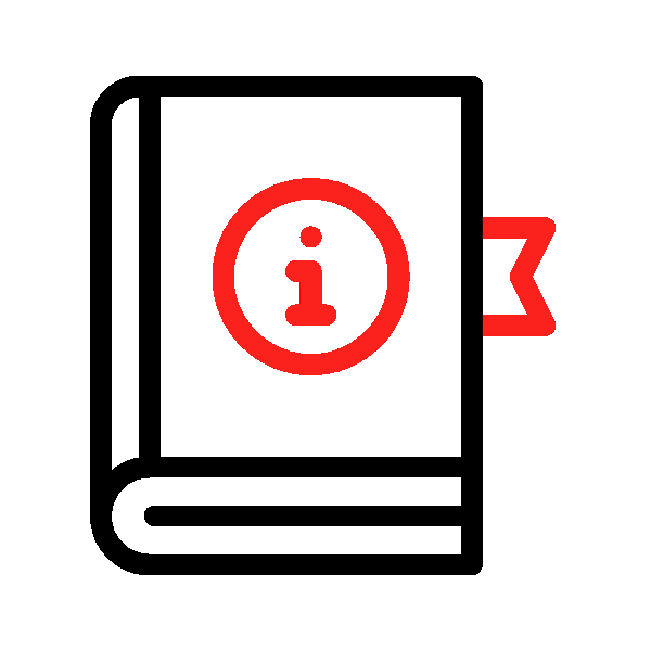 Animated icon of an opening book with an information symbol on the cover, set against a red background.