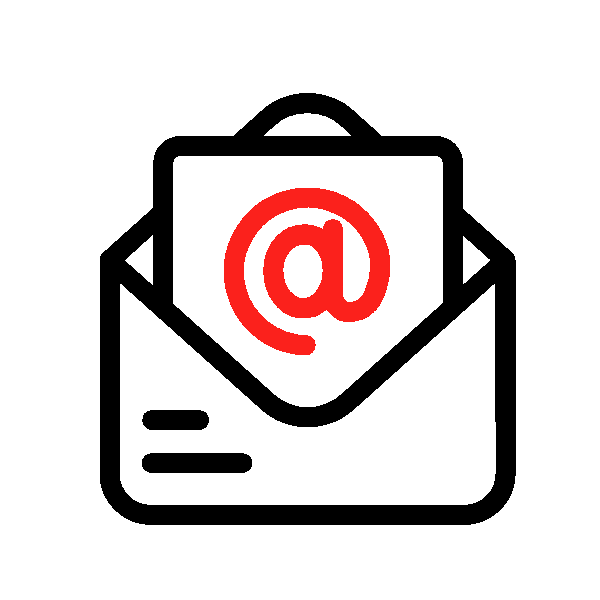 Animated icon of an envelope with an email '@' symbol inside, on a red background.