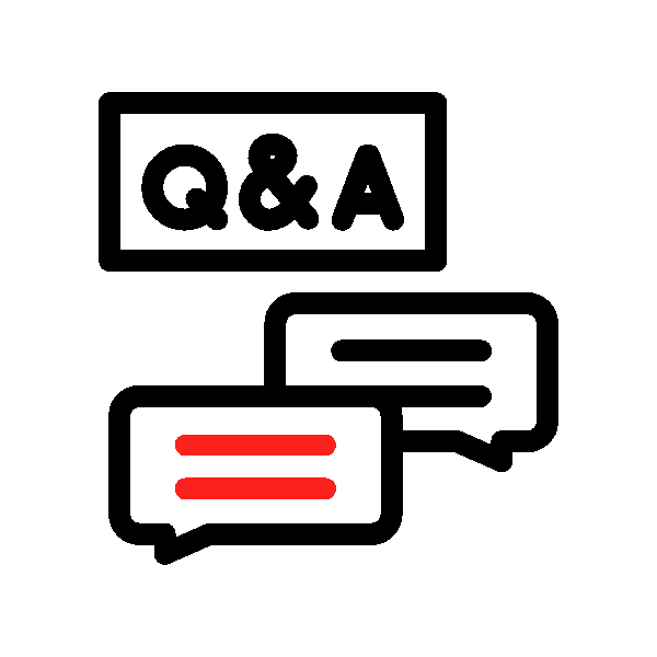 Animated icon featuring the text 'Q&A' inside a rectangular outline and two speech bubbles, all set against a red background.