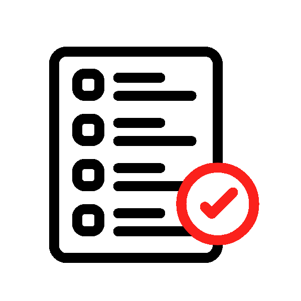 Animated icon of a checklist with checkboxes and a red checkmark circle in front indicating completion.
