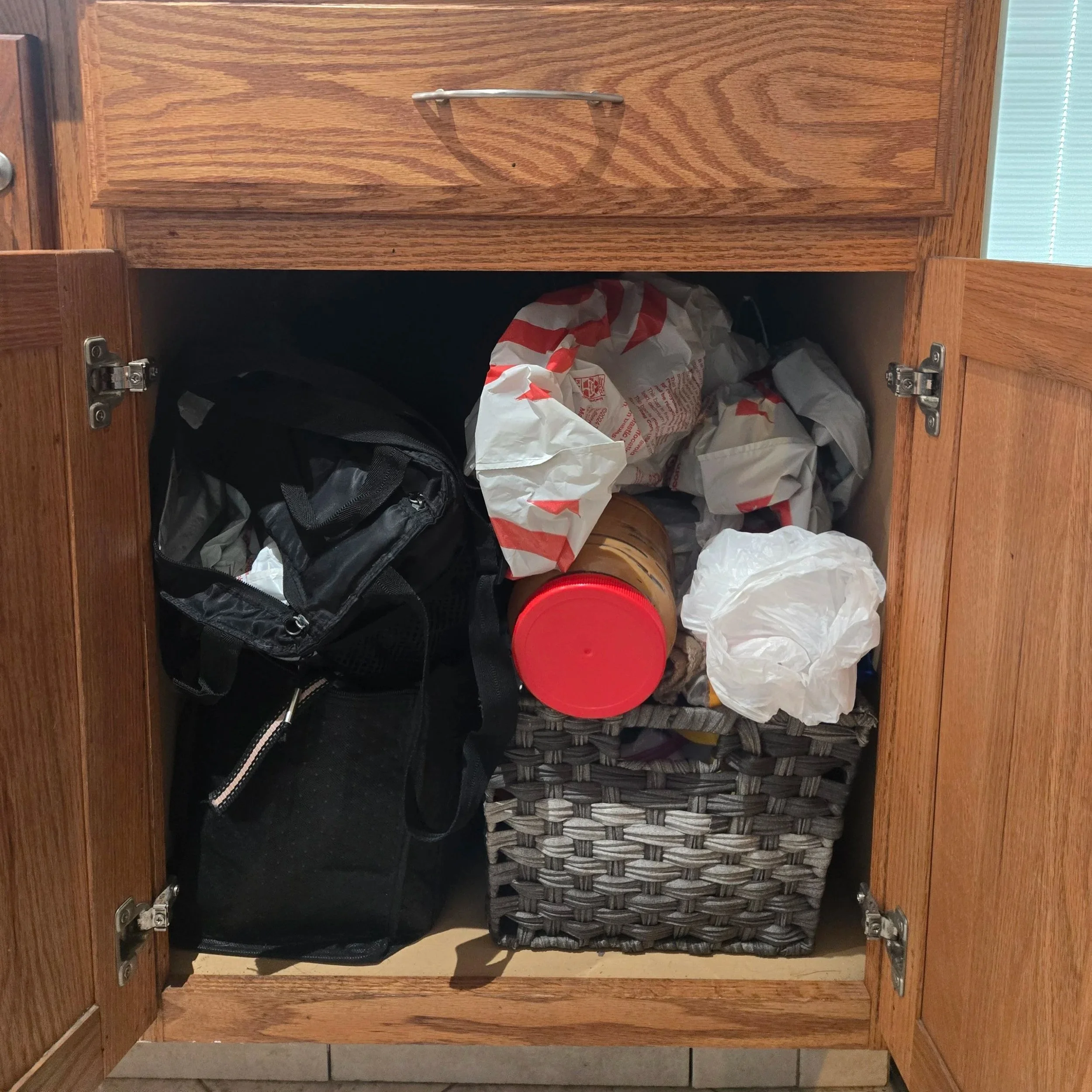 Photo of many different types of items stuffed into a large space under a kitchen counter with nothing visible