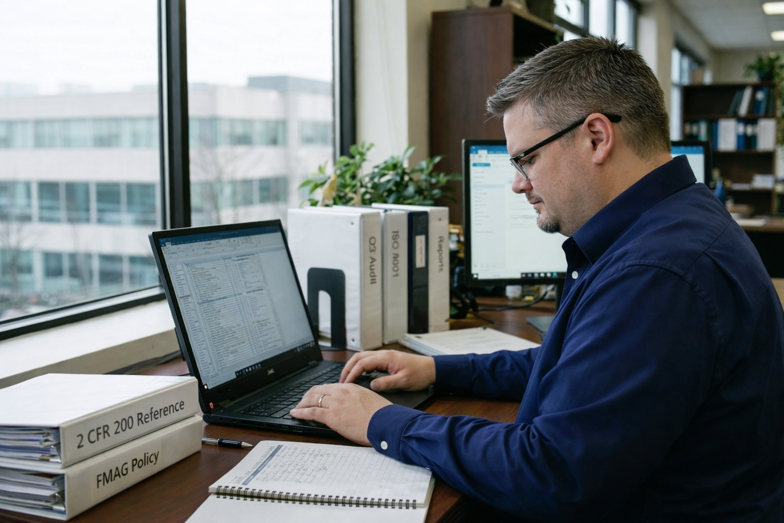 A man working at a desk with two monitors, filing cabinets, and documents in an office, looking at a laptop screen.