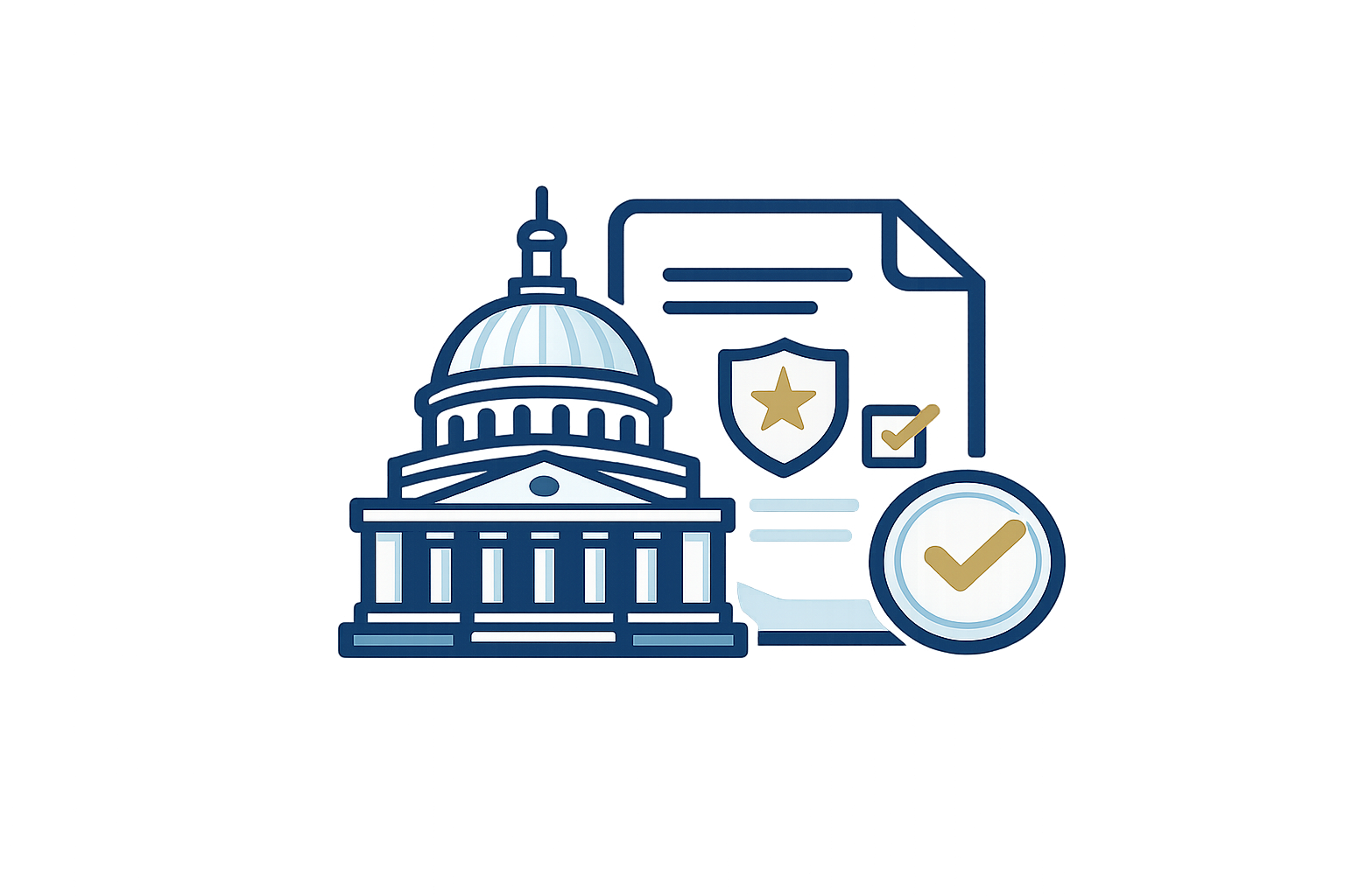 Illustration of government-related icons including a courthouse, a shield with a star, a checkmark on a document, and a magnifying glass with a checkmark, representing security, legal authority, and approval.