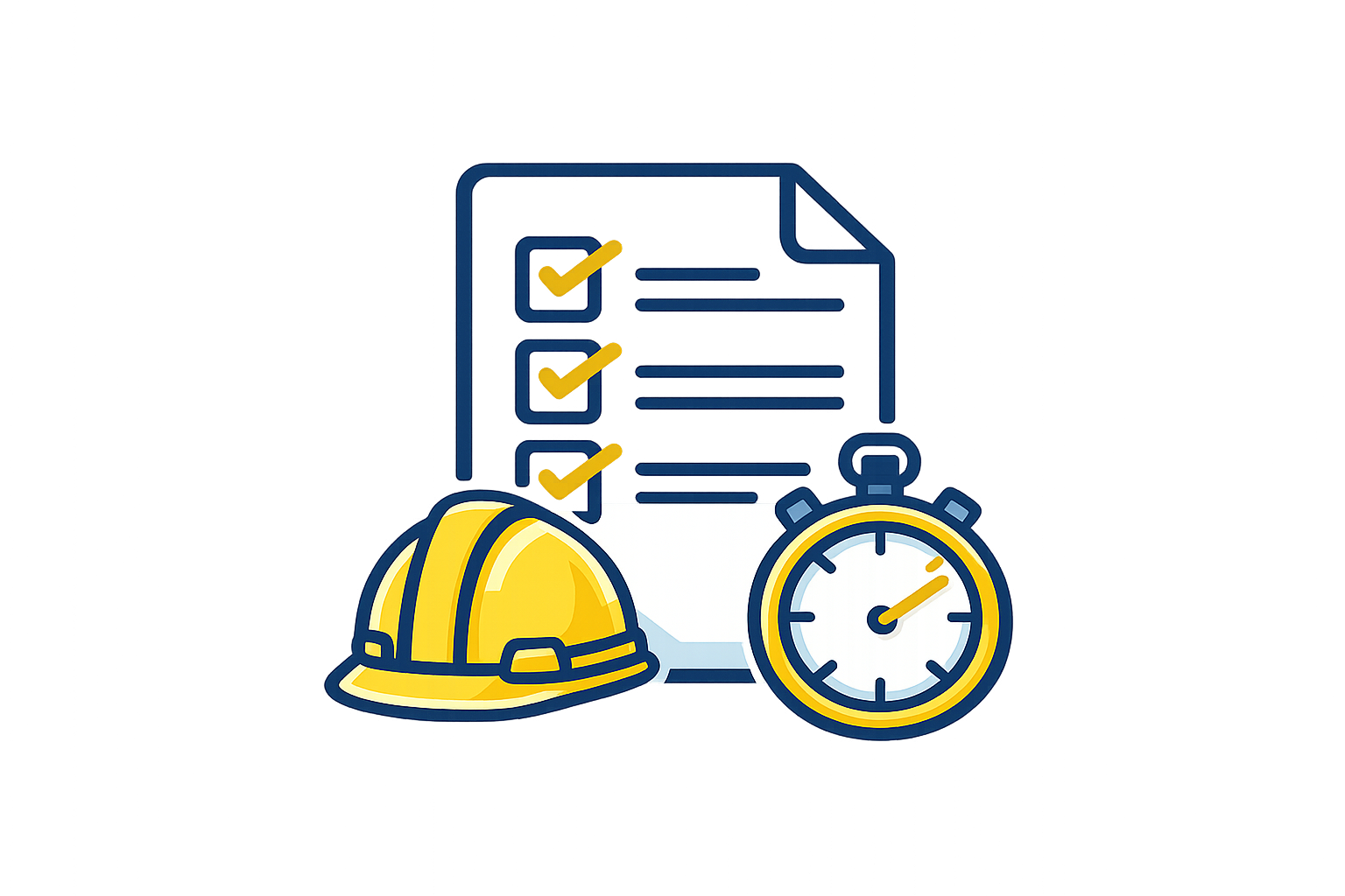 Construction hard hat, stopwatch, and checklist with checkmarks.