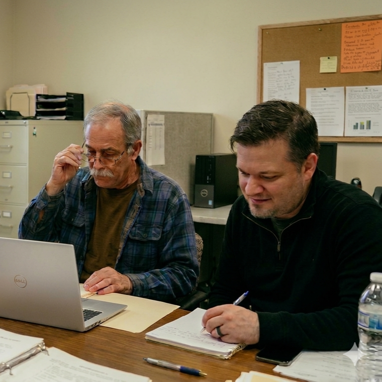Two men working at a cluttered office desk with laptops, notebooks, and pens, focusing on their tasks.
