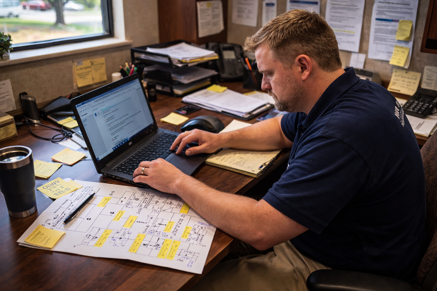 Man working at cluttered desk with papers, sticky notes, and a laptop