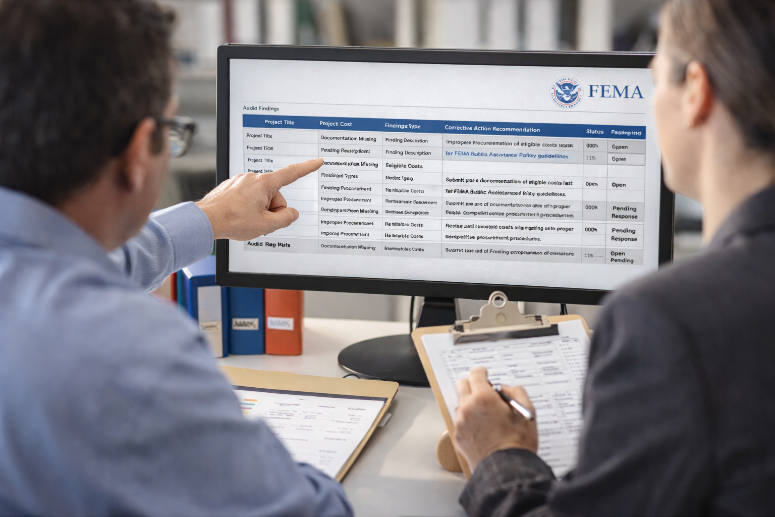 Two people in business attire discussing a document on a clipboard while reviewing digital information on a computer monitor in an office setting.